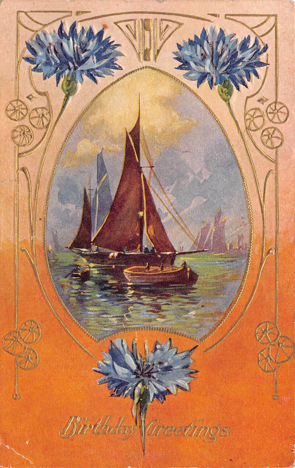 Birthday Greetings, Divided Back Postcard, Sailboats, 1910 - Front