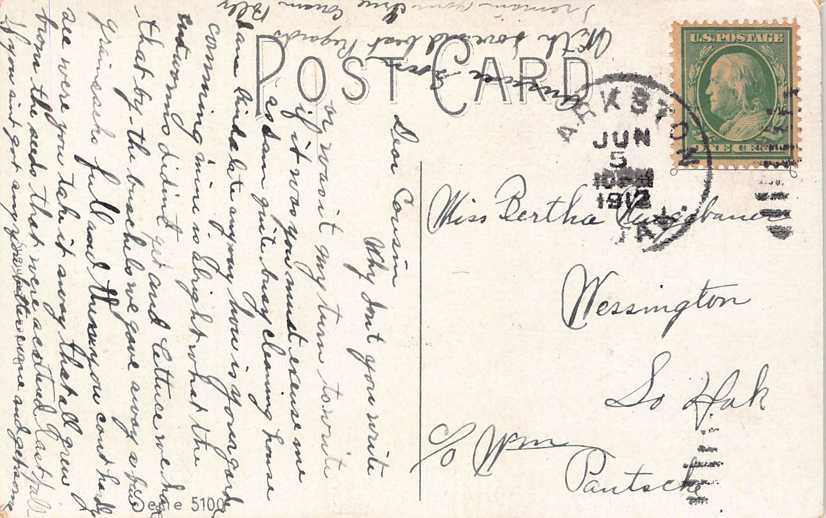 Series 5100, Linen Postcard, Best Wishes Floral Design, 1912 Postmark - Back