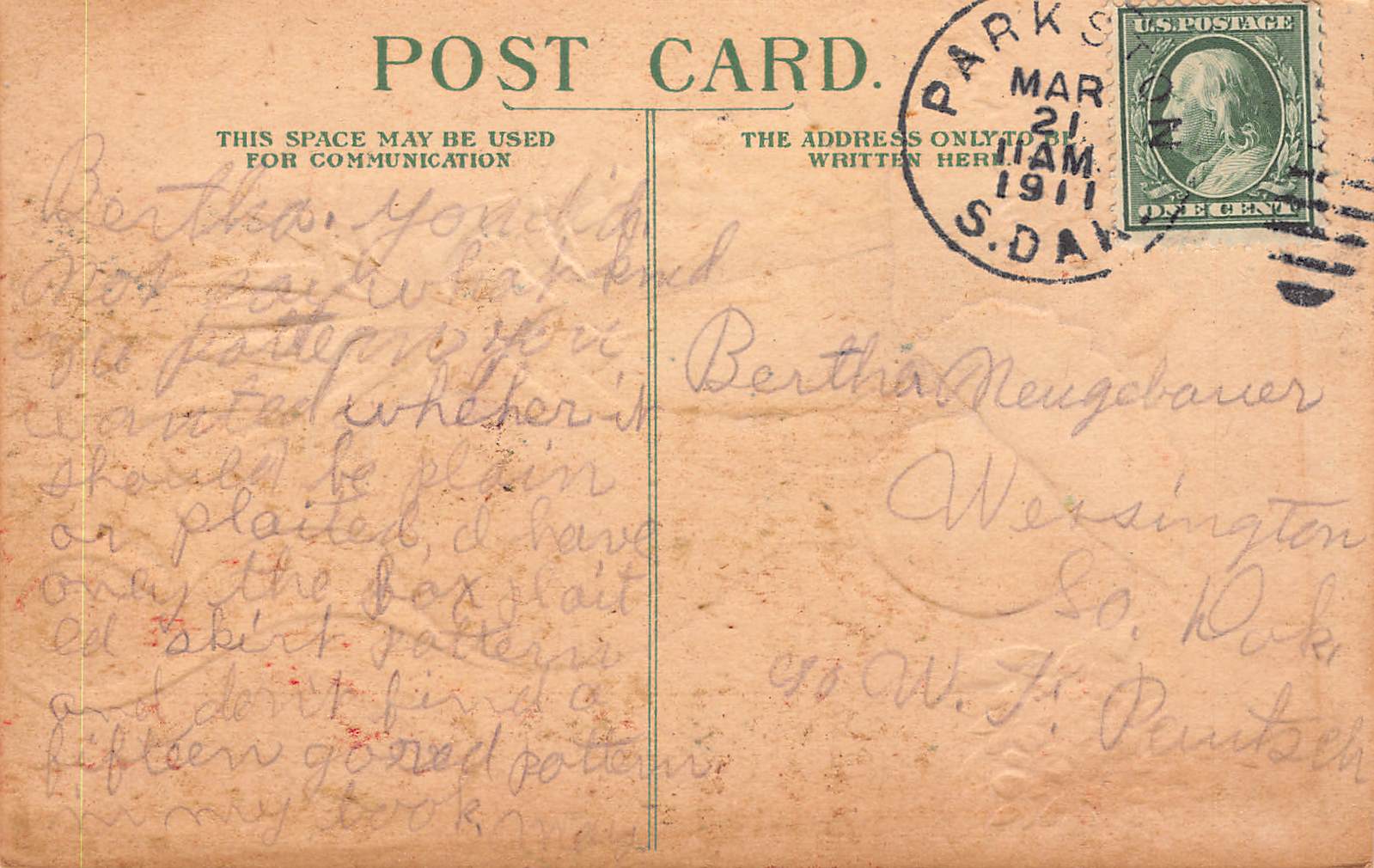 Linen Postcard, Still Life with Fruit, 1911 Postmark, South Dakota - Back