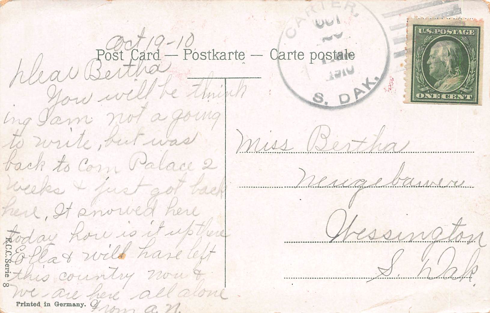 Printed in Germany, Divided Back, Hearty Greetings, 1910 Postmark - Back