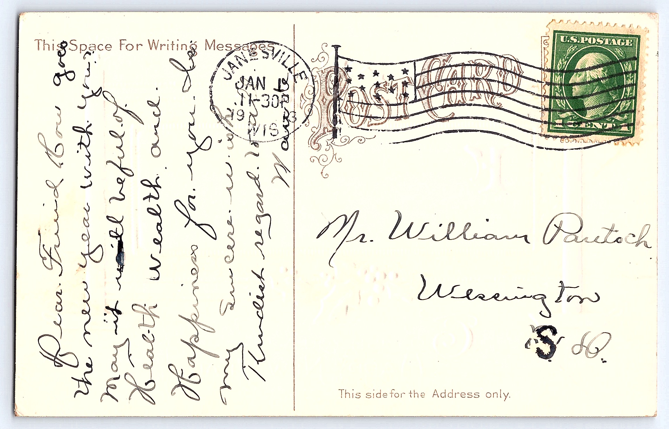 NY44 Publisher, Divided Back New Year Postcard, Janesville WI, 1913 - Back