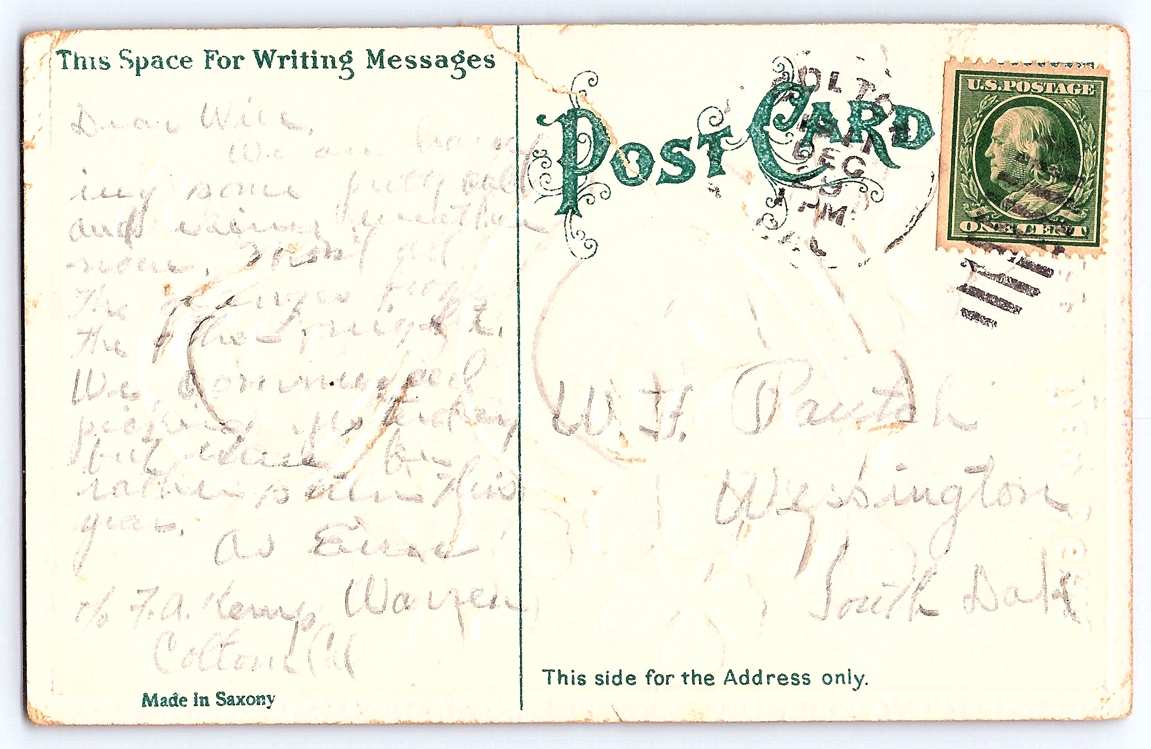 Saxony New Year Postcard, Horseshoes & Clovers, 1910s - Back