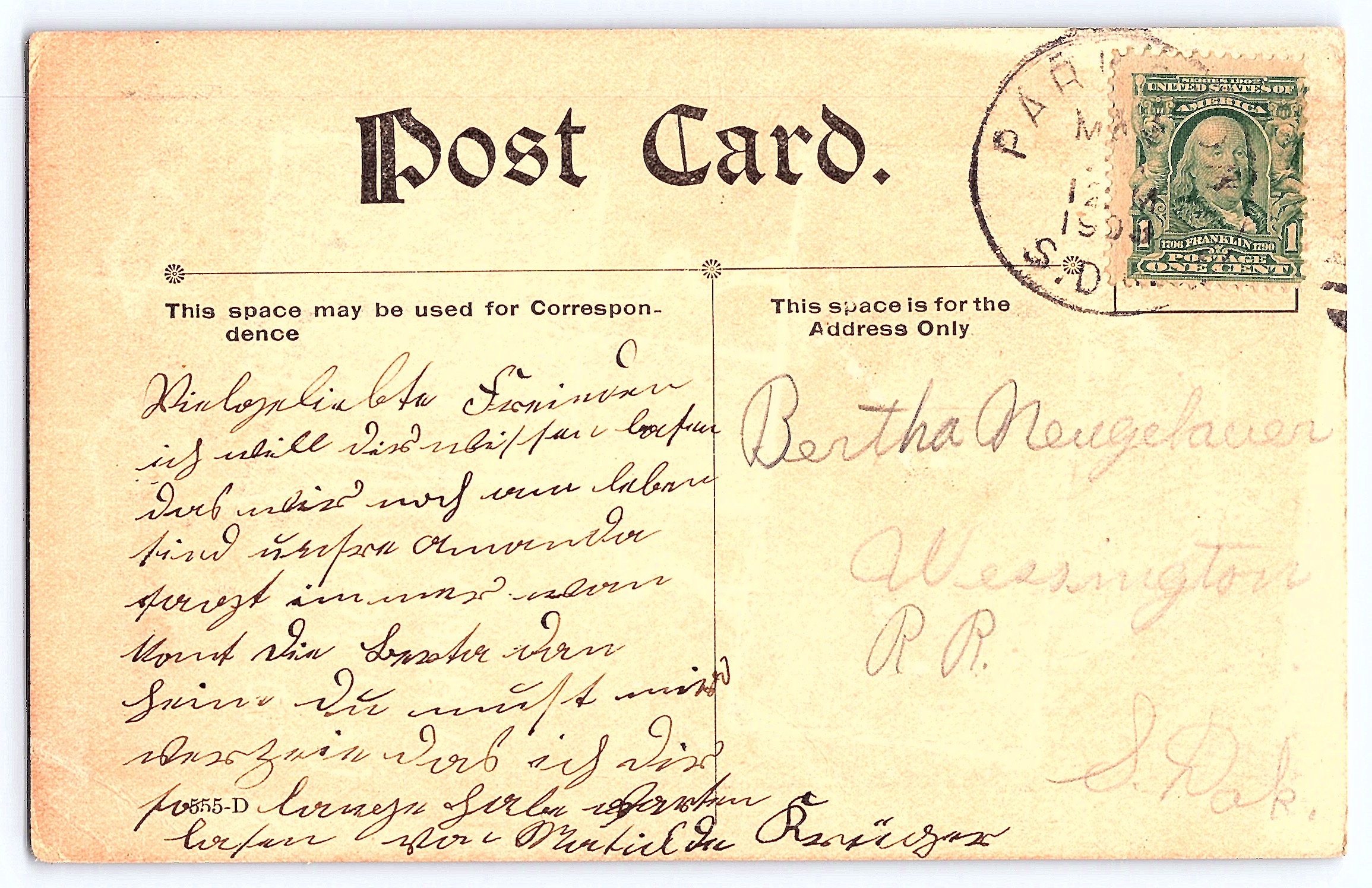 Unknown Publisher, Divided Back, Floral Design, 1908 Postmark - Back