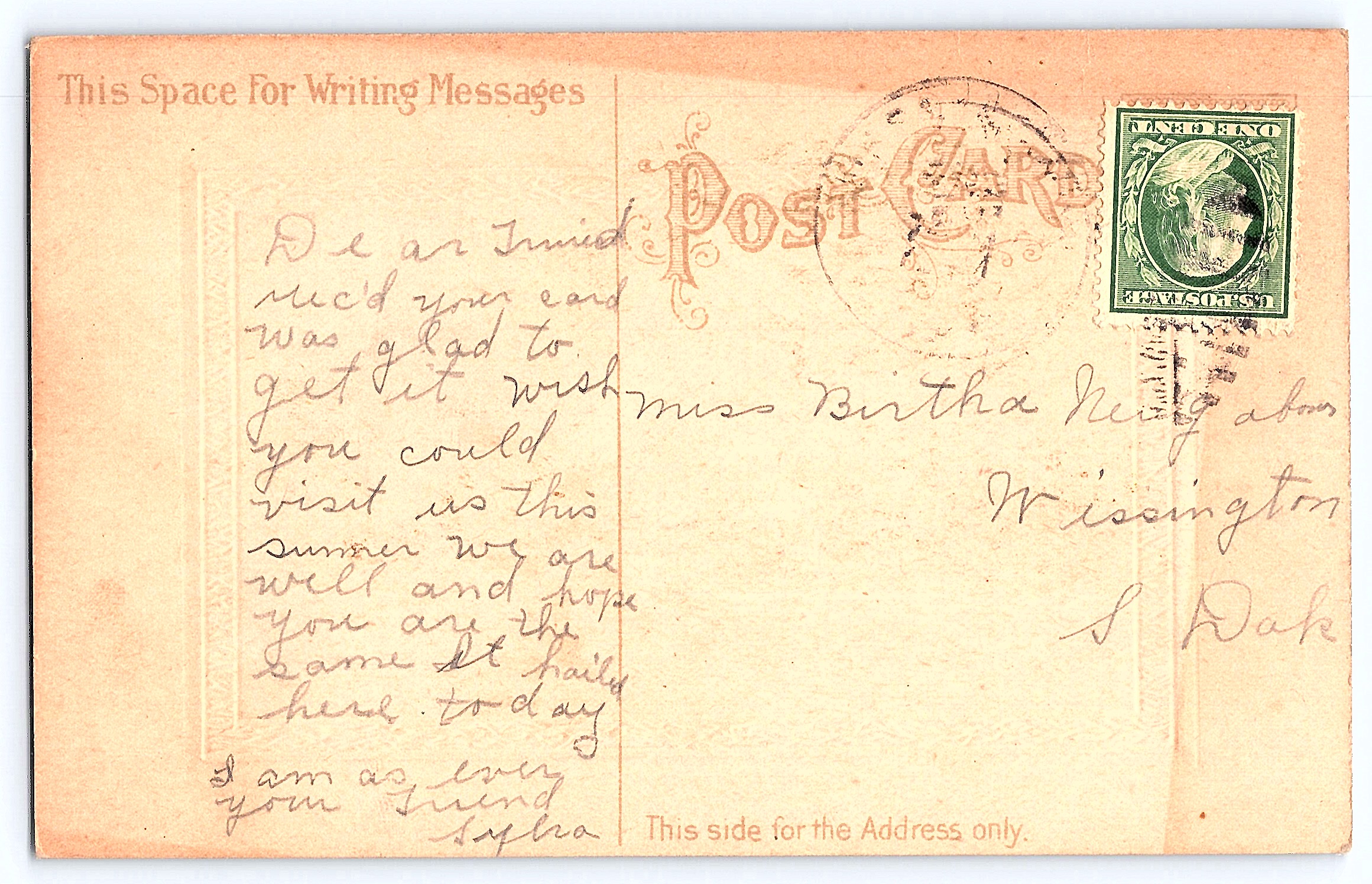 Pastoral Scene, Divided Back Postcard, Wessington, S. Dak., 1910 - Back