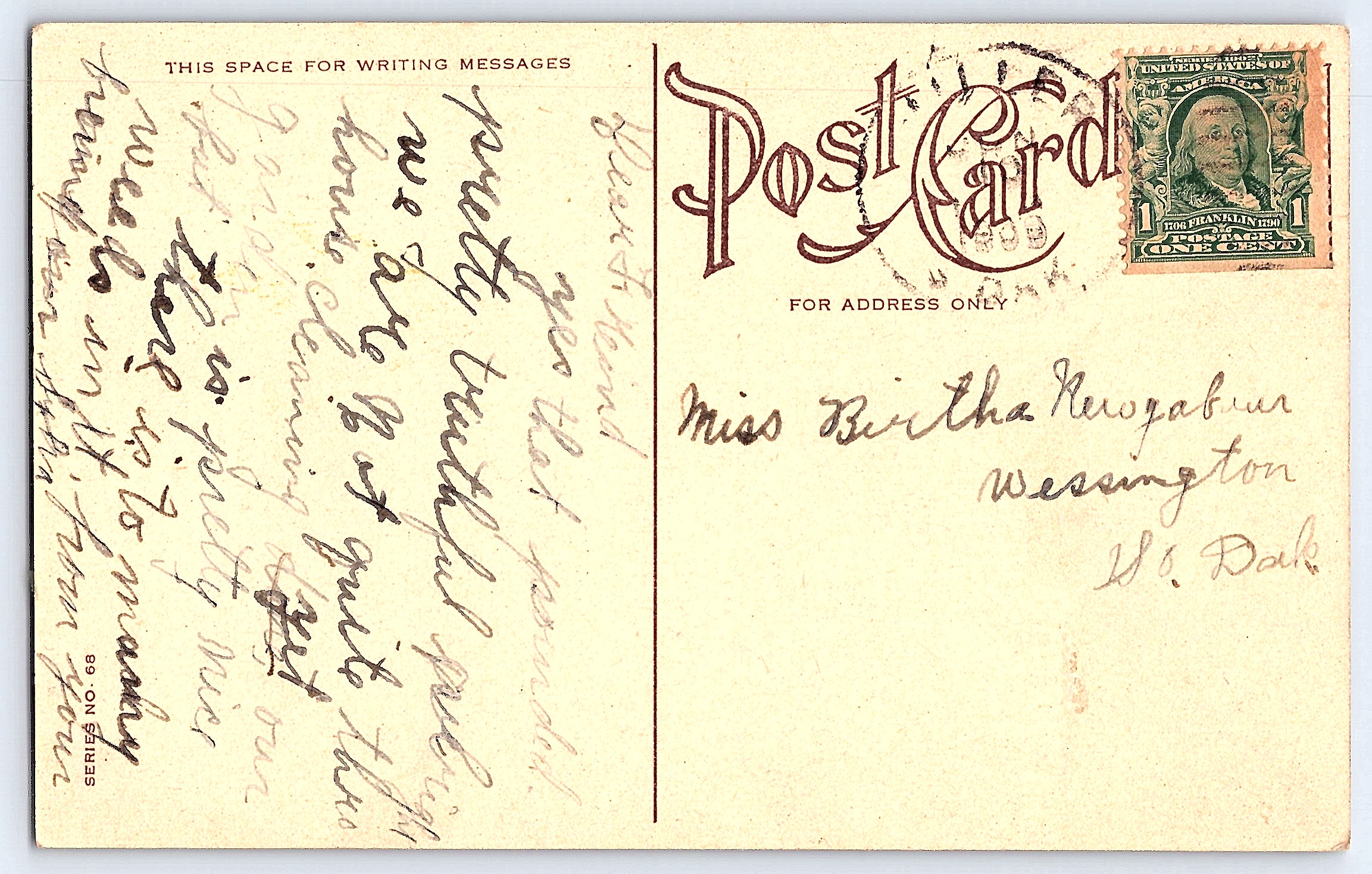 Series No. 68, Divided Back Postcard, Rose Bud, Early 1900s - Back