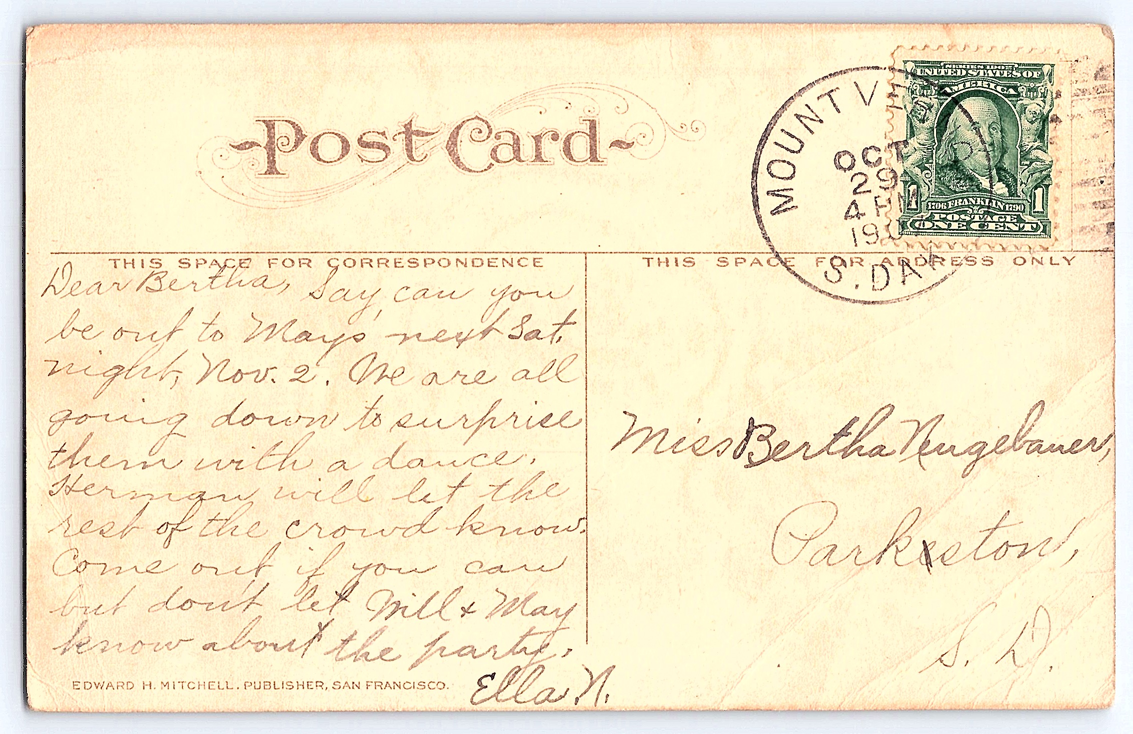 Edward H. Mitchell, Divided Back, California Poppy, 1910 Postmark - Back