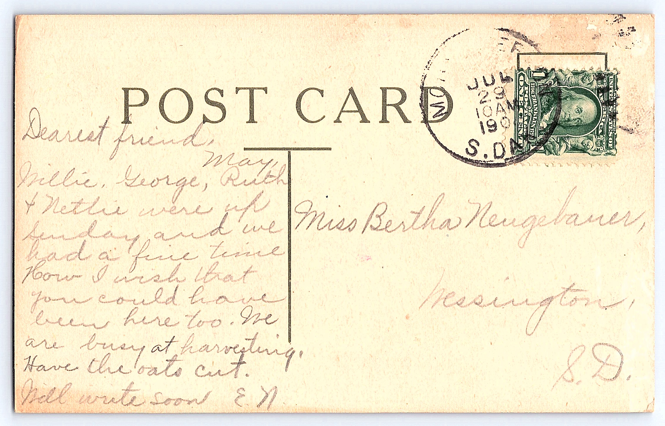 Floral 'With Love' Postcard, Divided Back, South Dakota, 1909 - Back