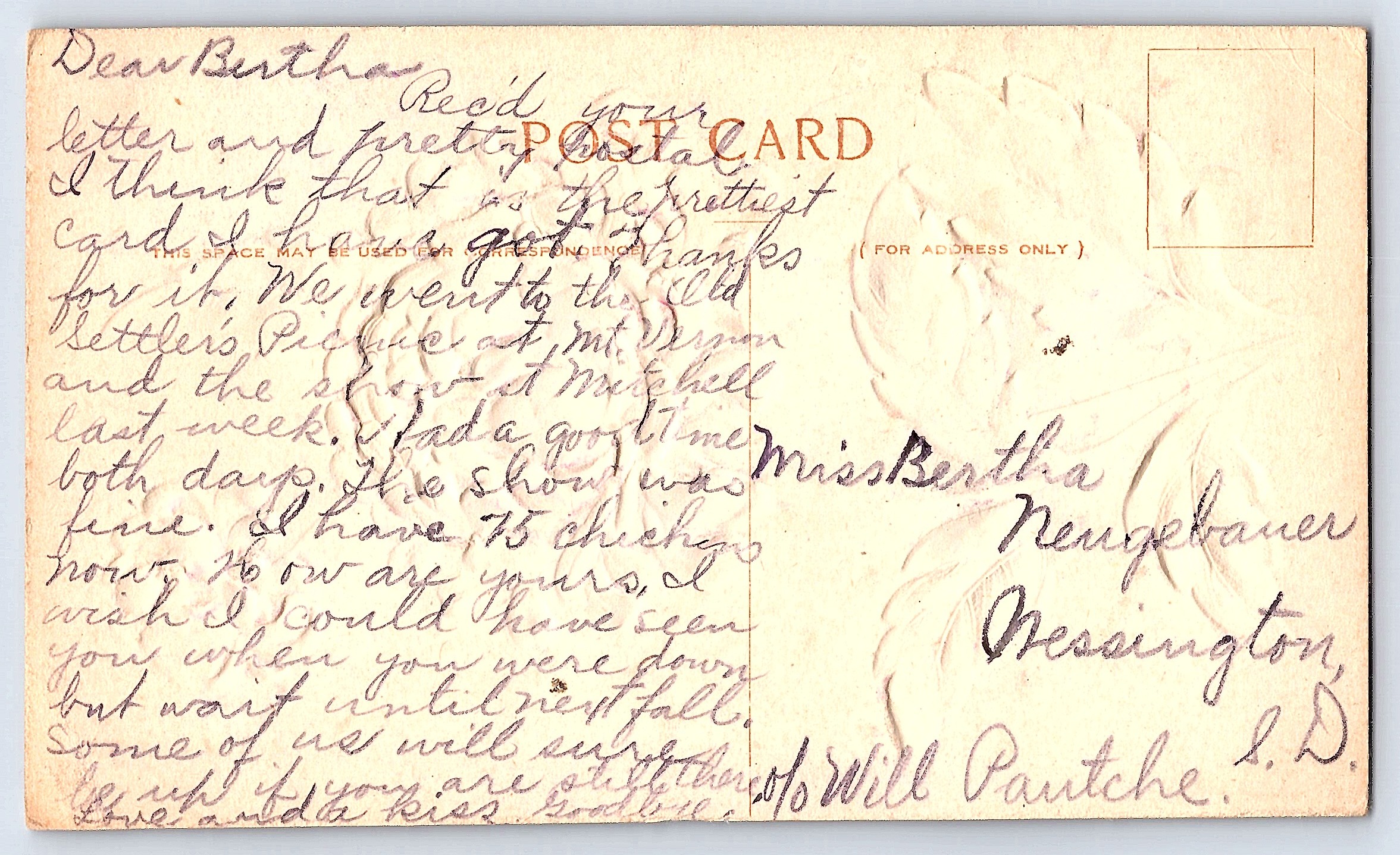 Embossed Floral Postcard, RPPC, Best Wishes from Ella, Early 1900s - Back