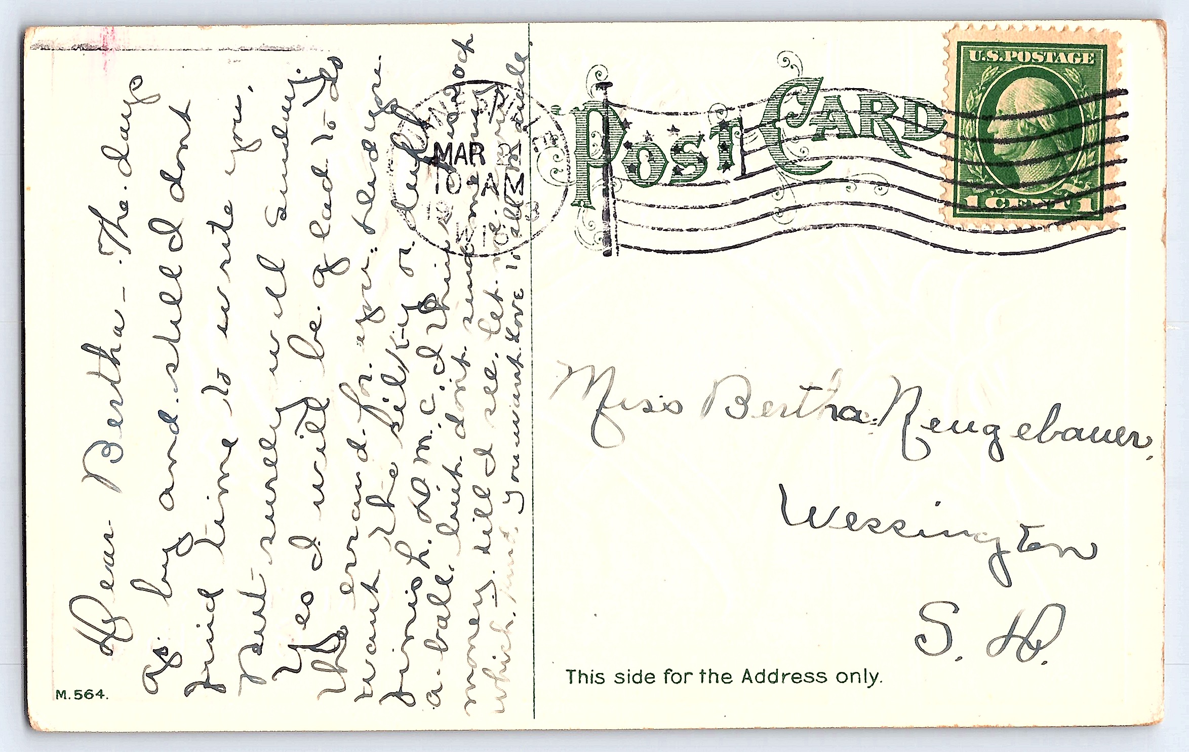 C. T. Herman 1911 Easter Greeting Postcard, Wessington, SD, 1910s - Back