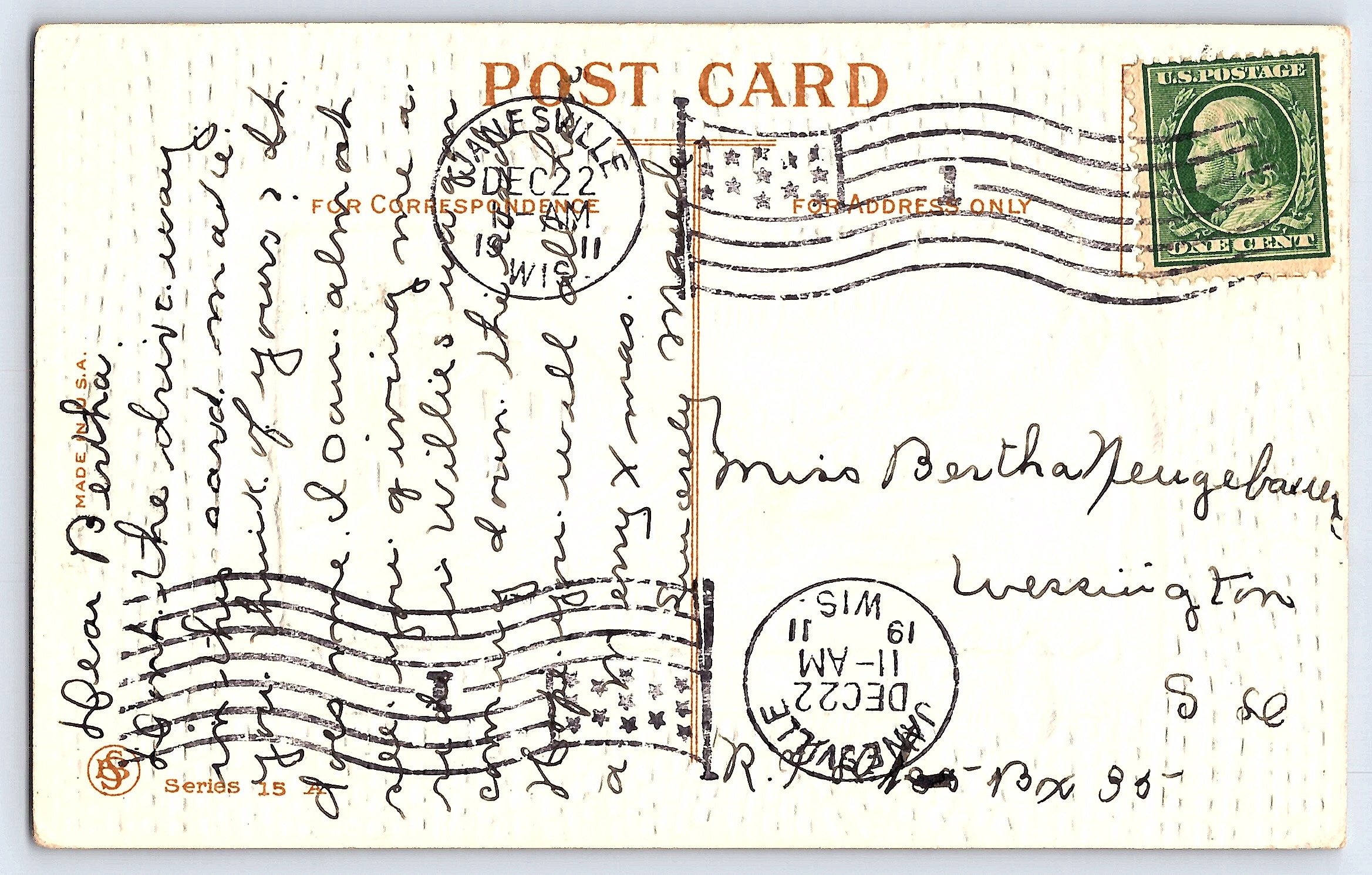 Janesville WI 1911 Linen Postcard, Merry Christmas Scene, Series 15 - Back