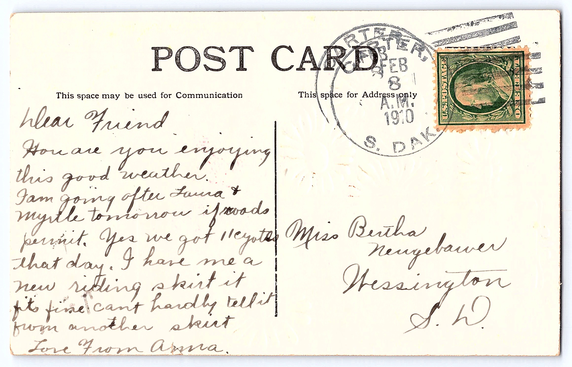 Loving Greetings, Divided Back Postcard, South Dakota, 1910 - Back