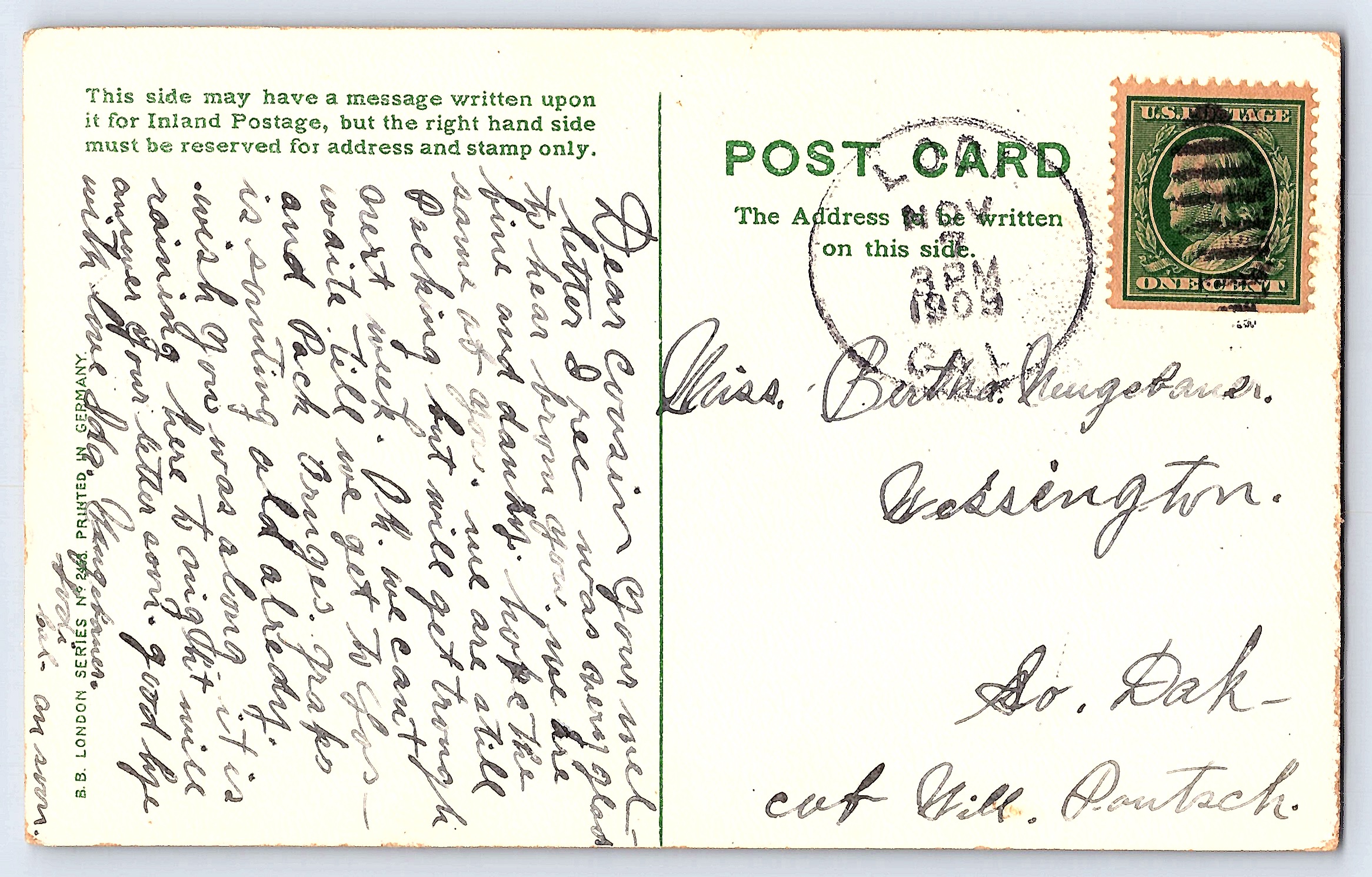 B.B. London Series, Divided Back Postcard, Romantic Scene, 1909 - Back