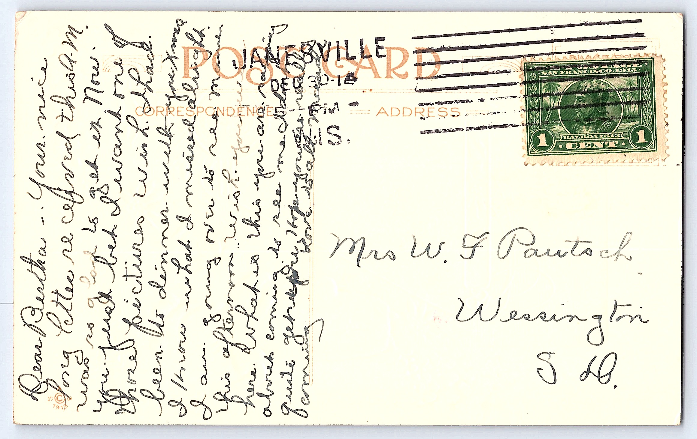 A Joyful New Year Postcard, Divided Back, 1912, Wisconsin to South Dakota - Back