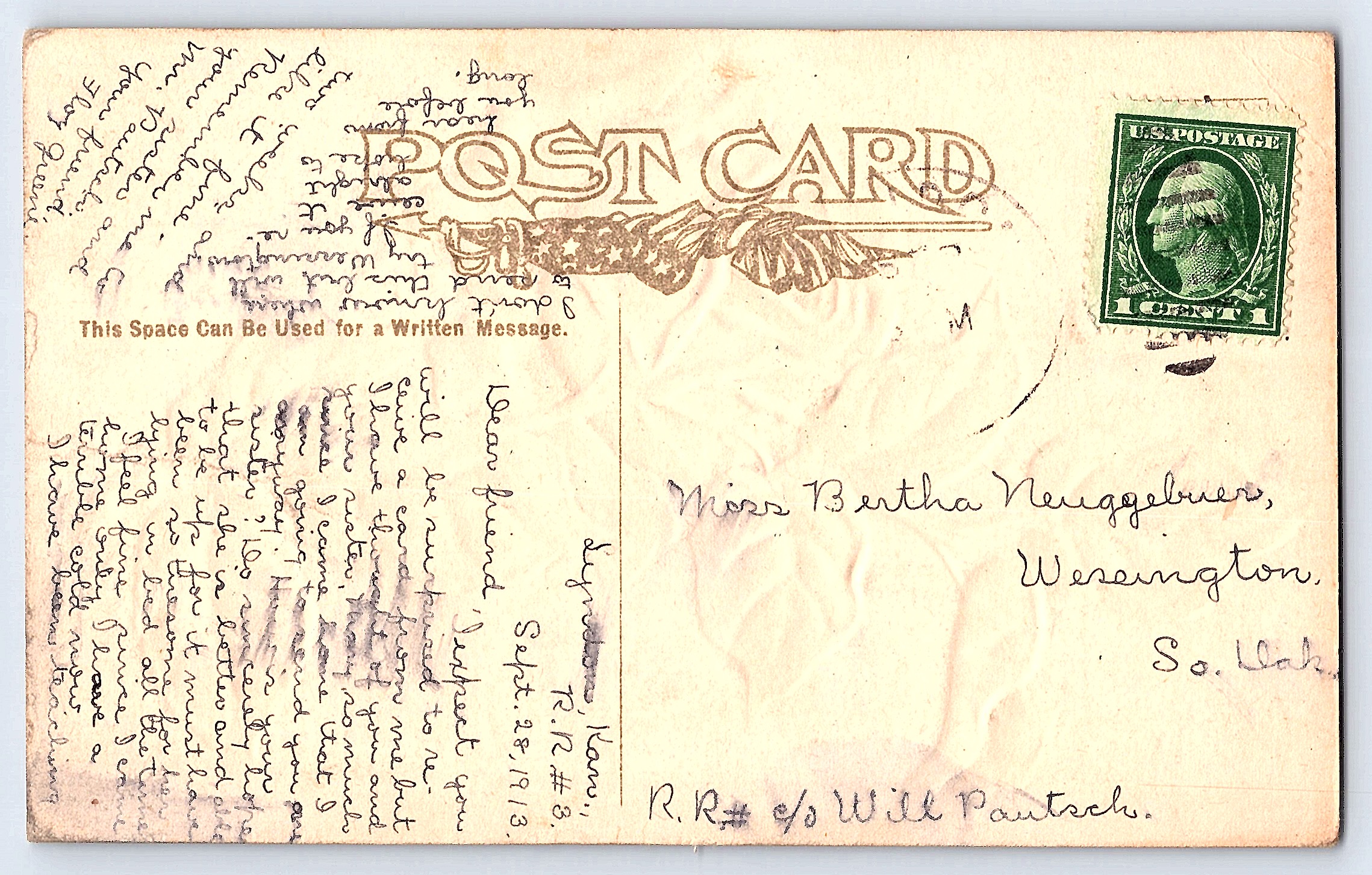 Linen Postcard, Pink Rose, 1913, South Dakota Postmark - Back