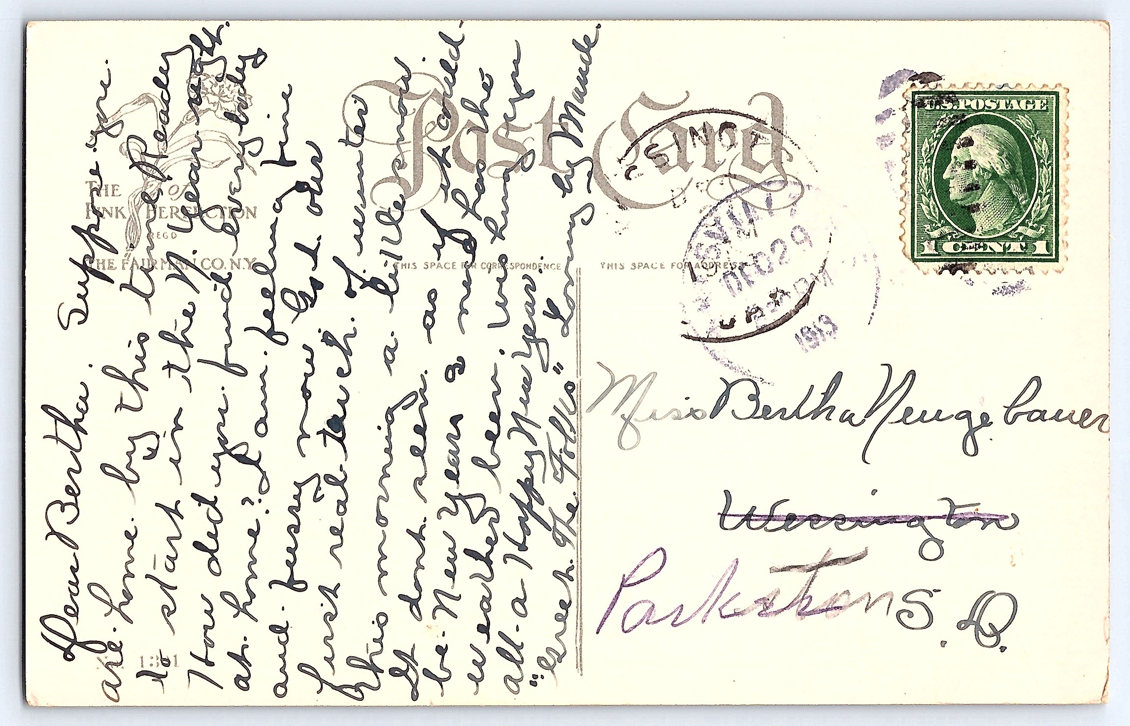 Fairfield Co. New Year Postcard, Cupid Design, 1909 Postmark - Back