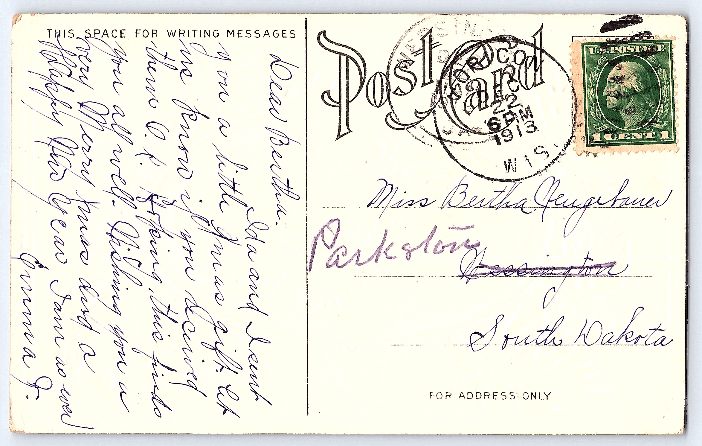 Christmas Greetings Postcard, Divided Back, 1913, Wisconsin to South Dakota - Back