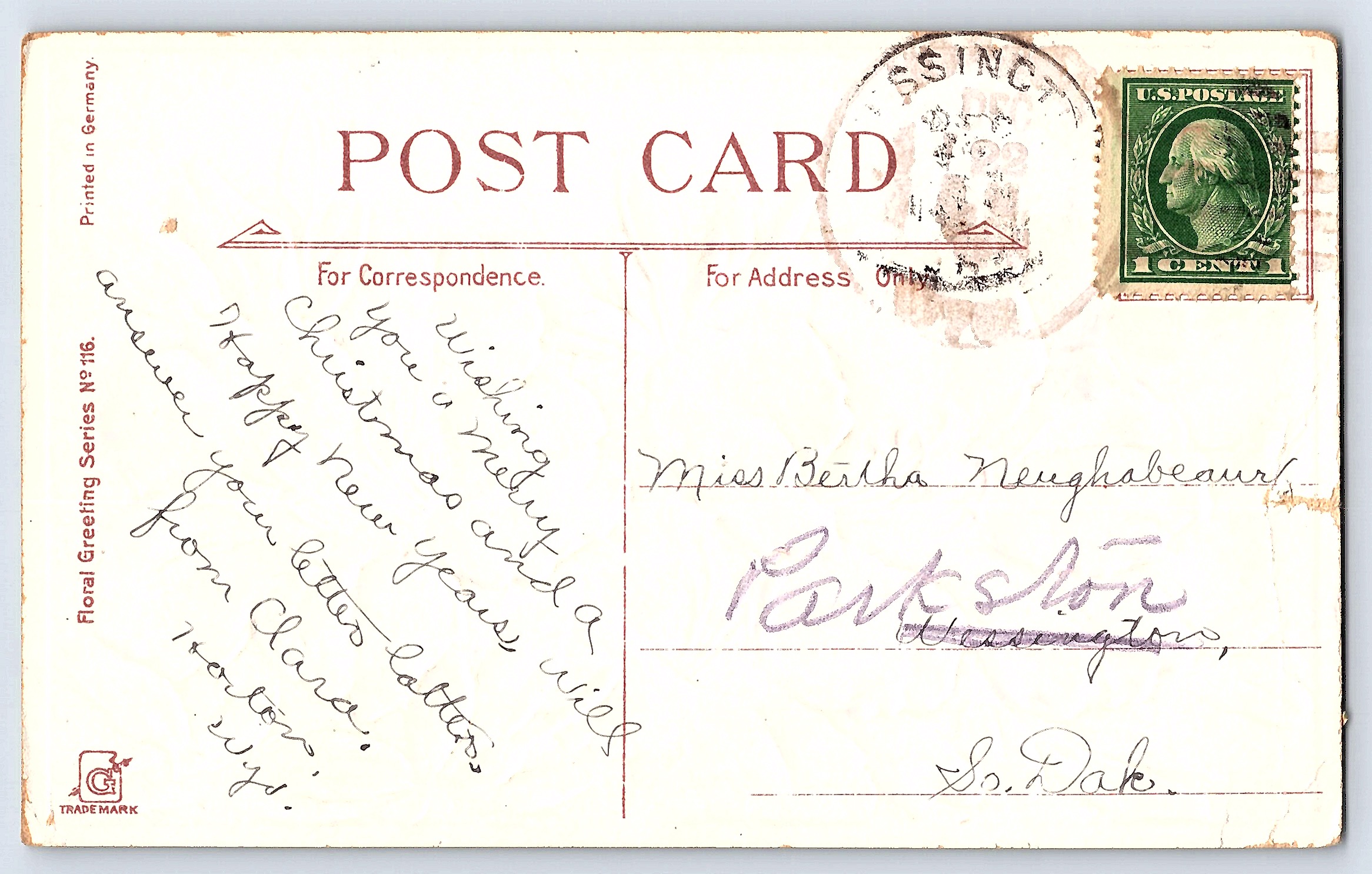 Floral Greeting Series No. 116, Divided Back, Azalea, 1908 Postmark - Back