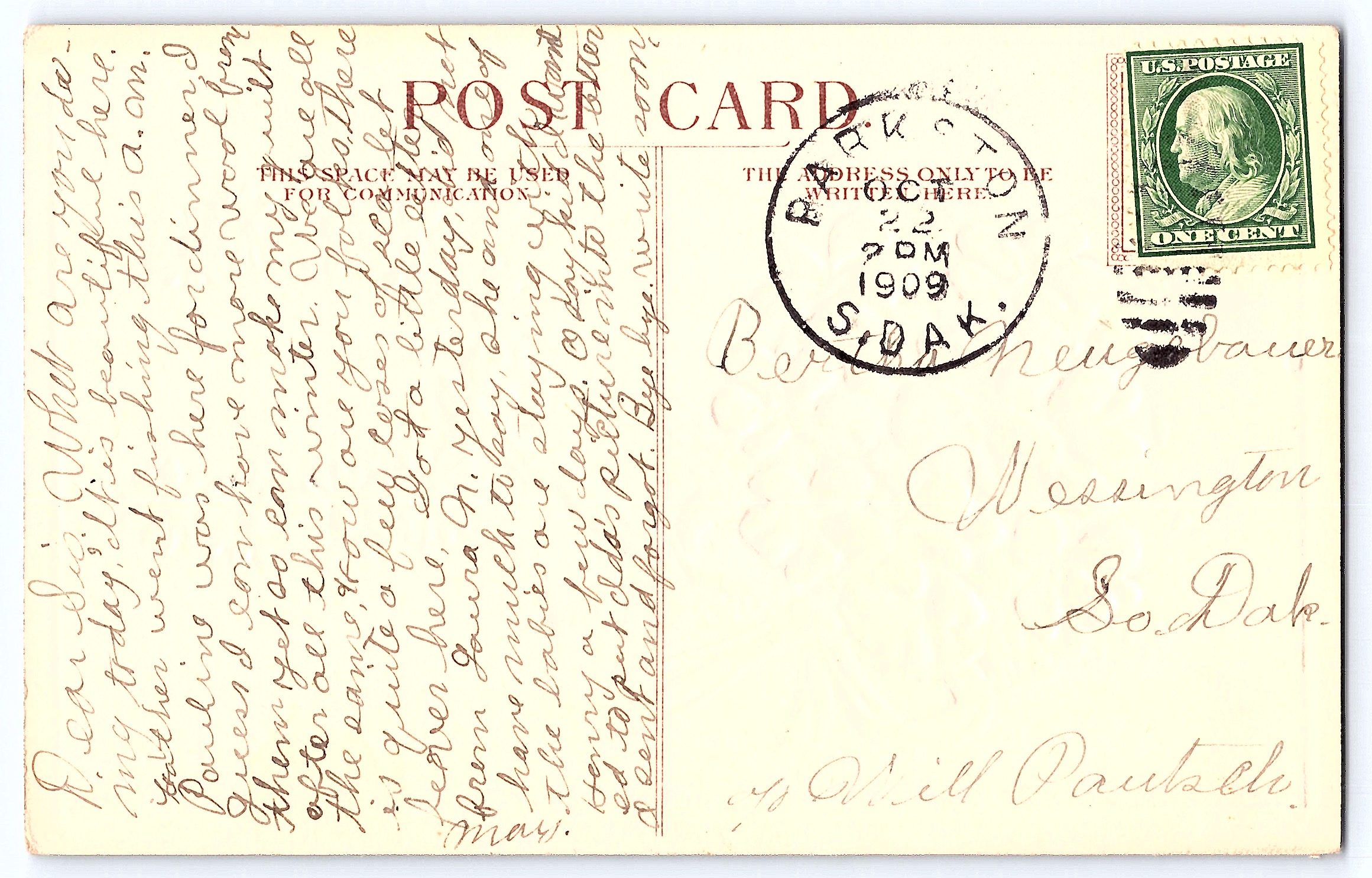 1909 Divided Back Postcard, Floral Design, South Dakota Postmark - Back