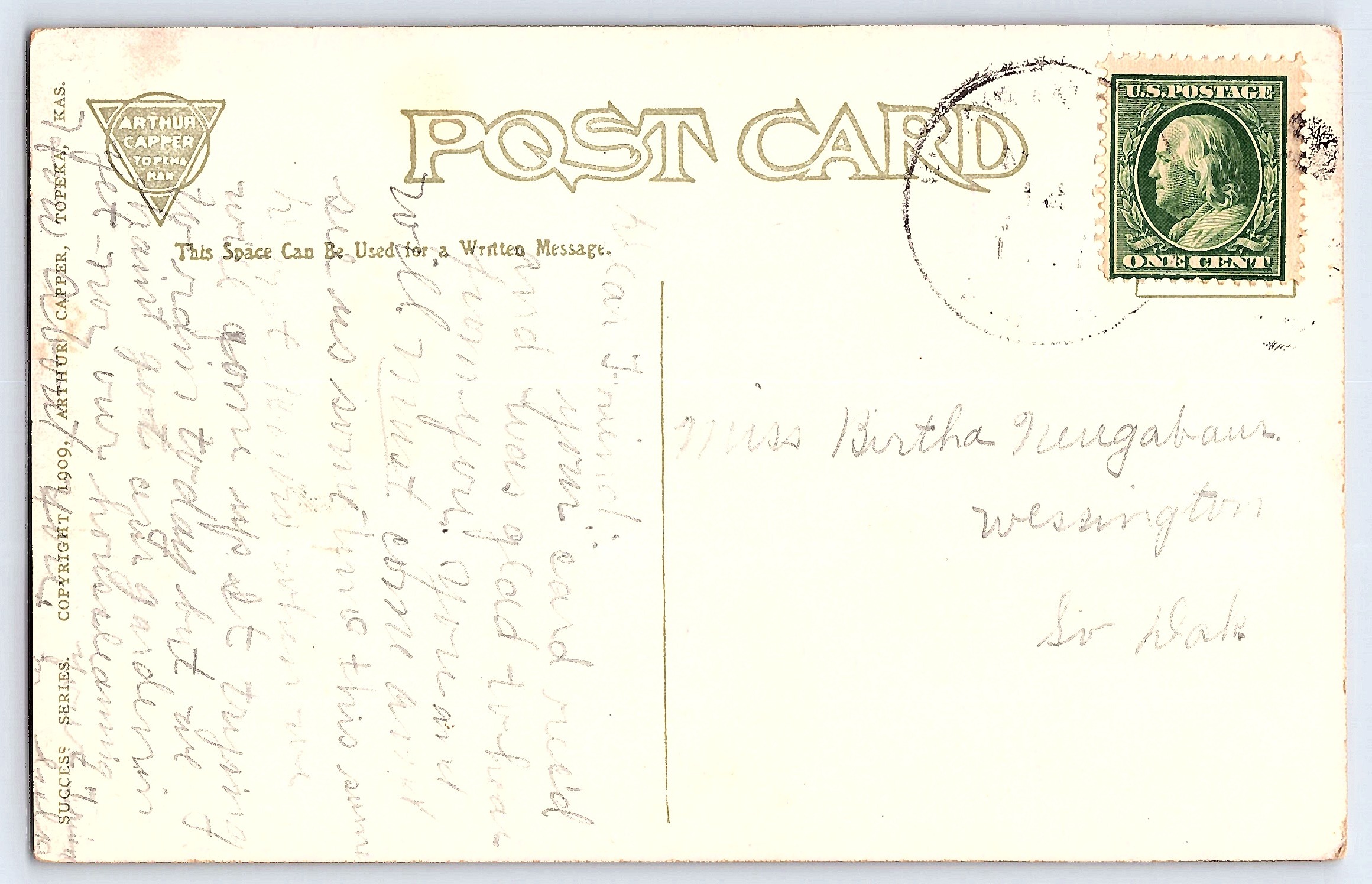 Arthur Capper, Divided Back Postcard, Success Series, 1909 - Back