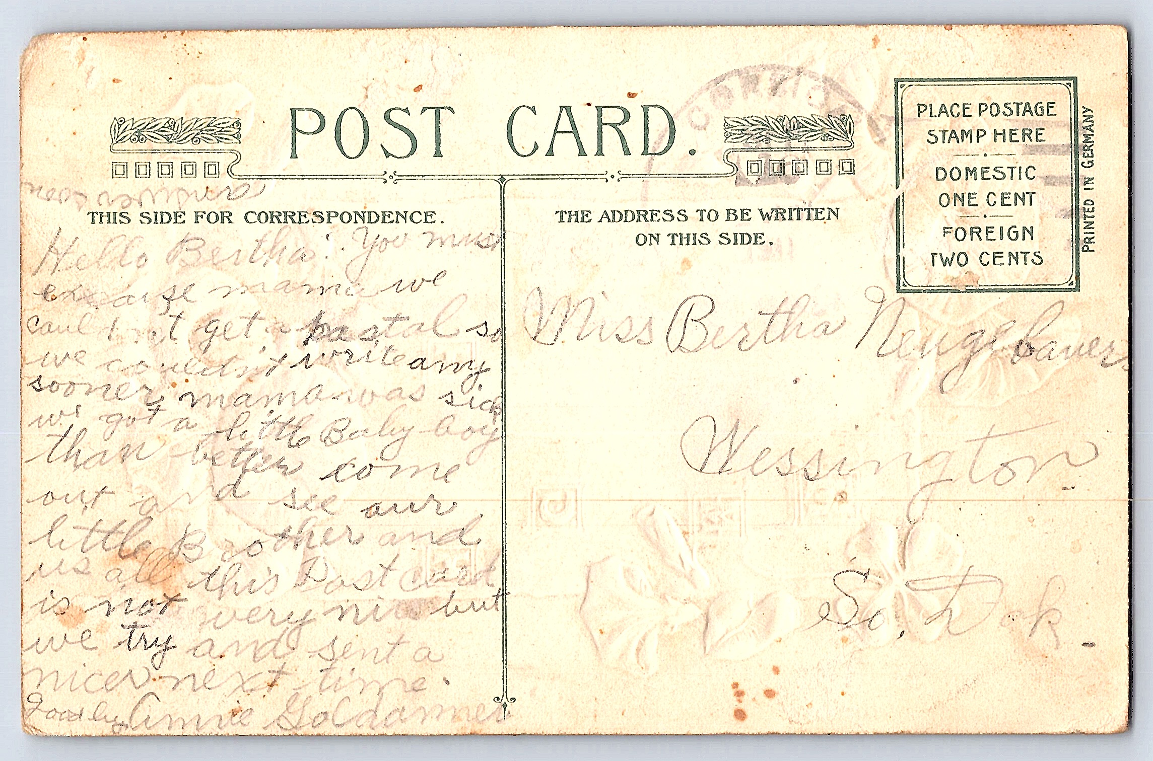 Charlotte Murray, Divided Back Postcard, Floral Blessing, Early 1900s - Back