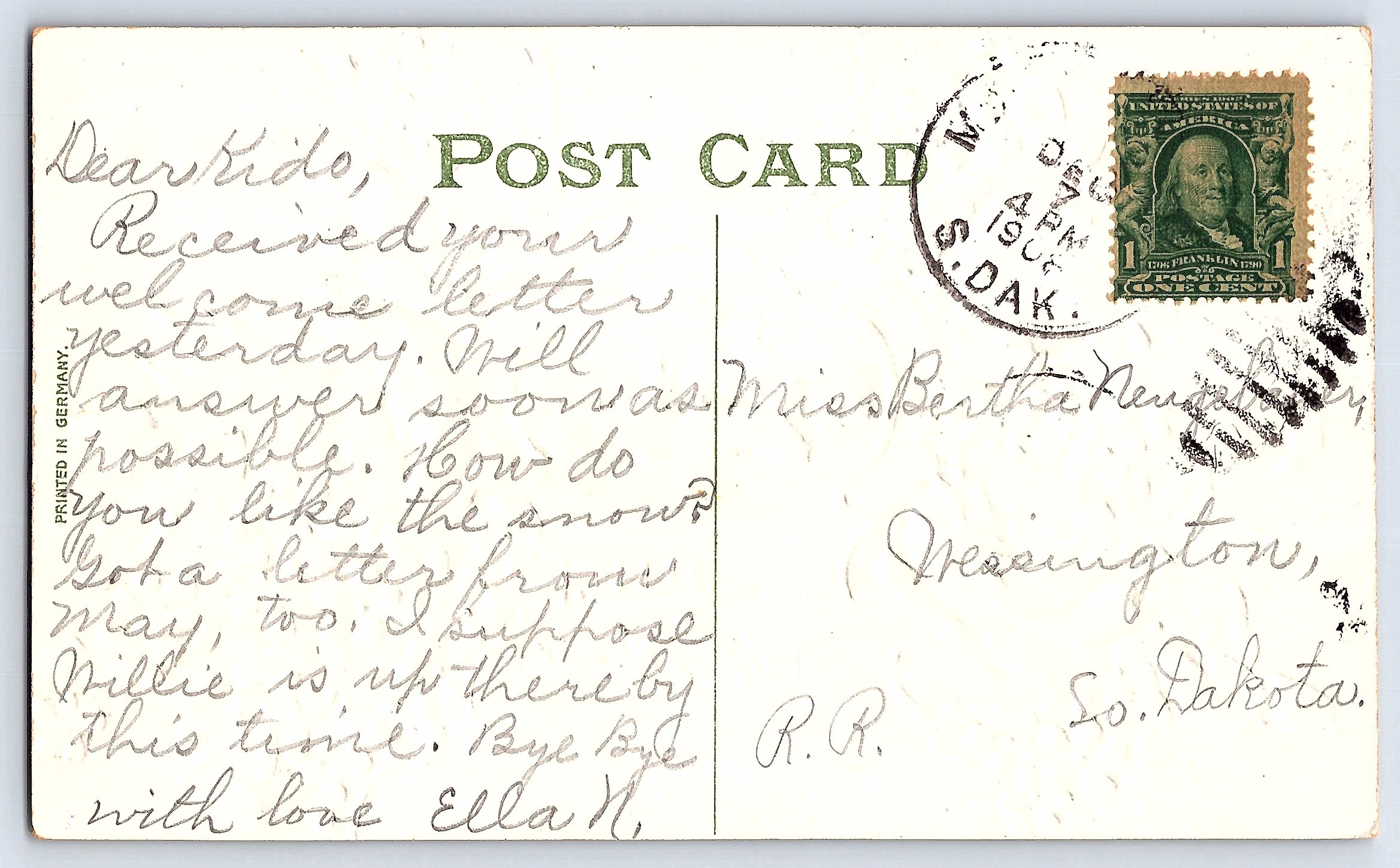 German Publisher, Divided Back, Best Wishes Floral Scene, 1909 - Back