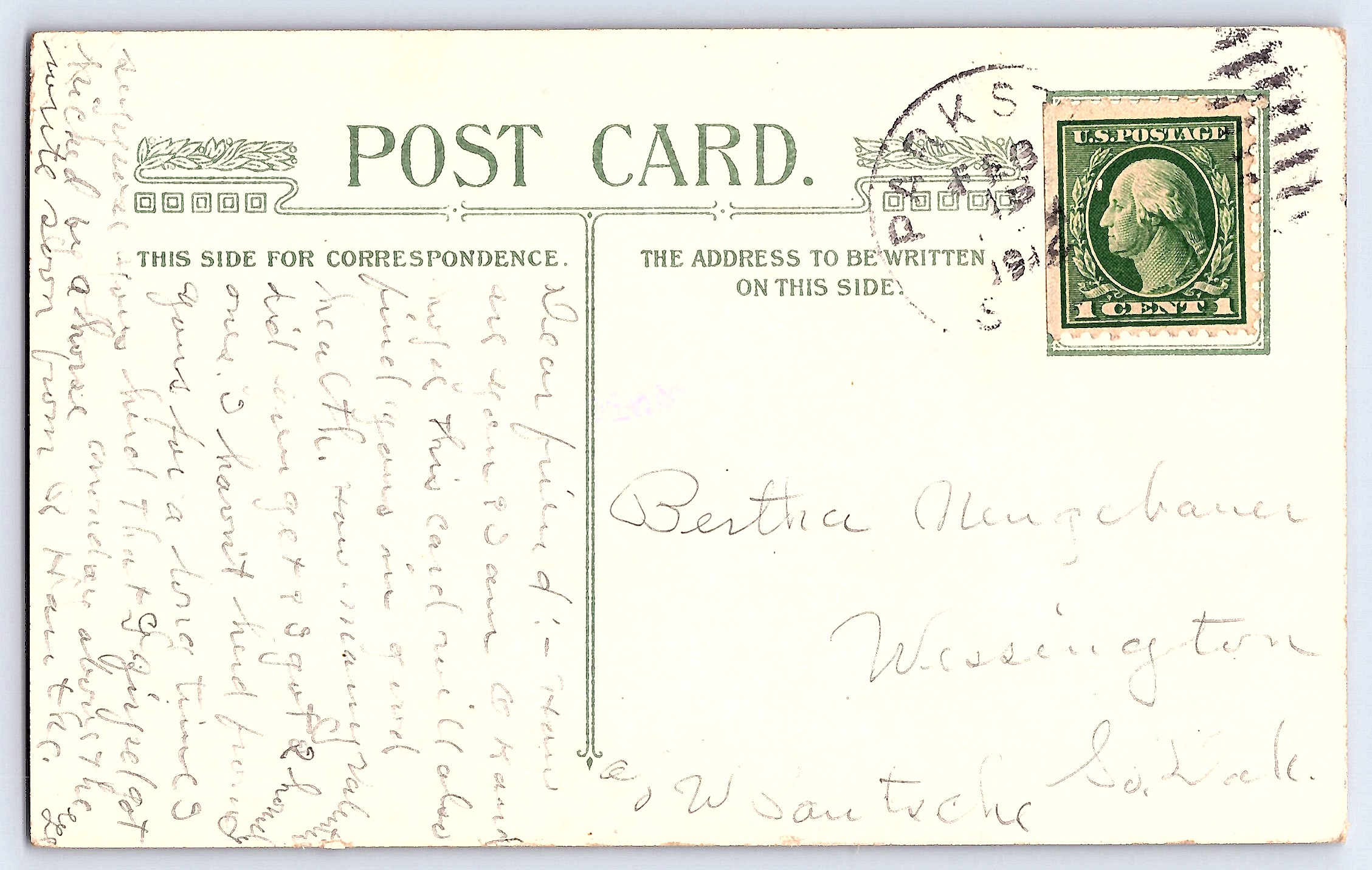 Best Wishes Floral Linen Postcard, Kansas, 1915 Postmark - Back