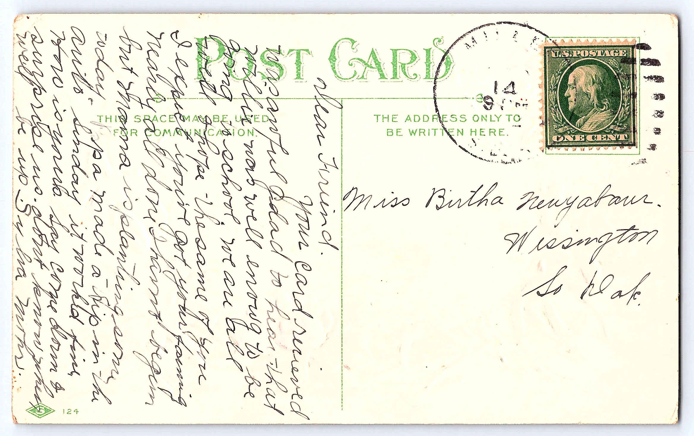 A Joyous Easter, Divided Back Postcard, Rural Scene, 1914 Postmark - Back