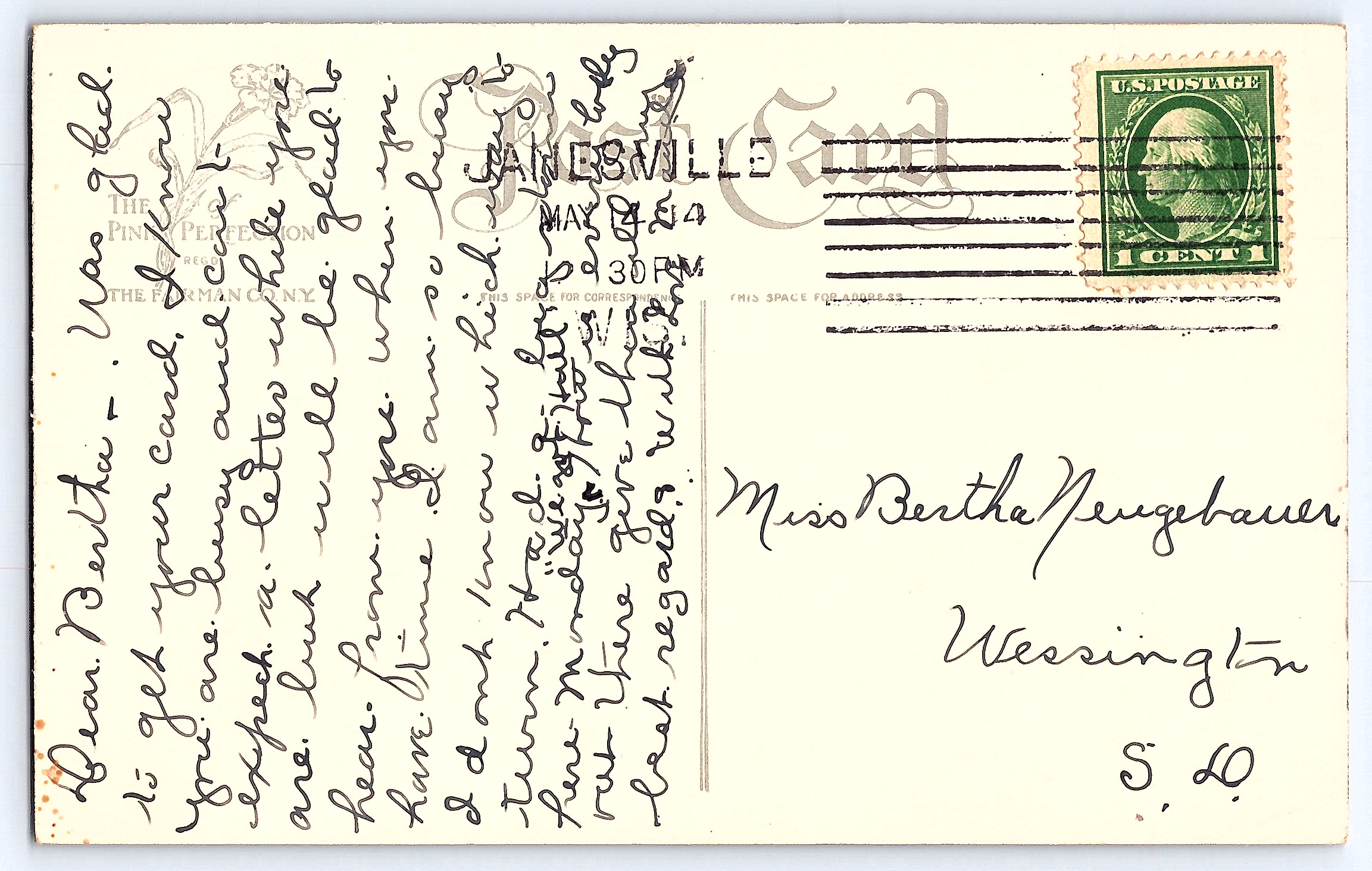 The Pinner Perfection, Linen Postcard, Scenic View, 1924 Postmark - Back