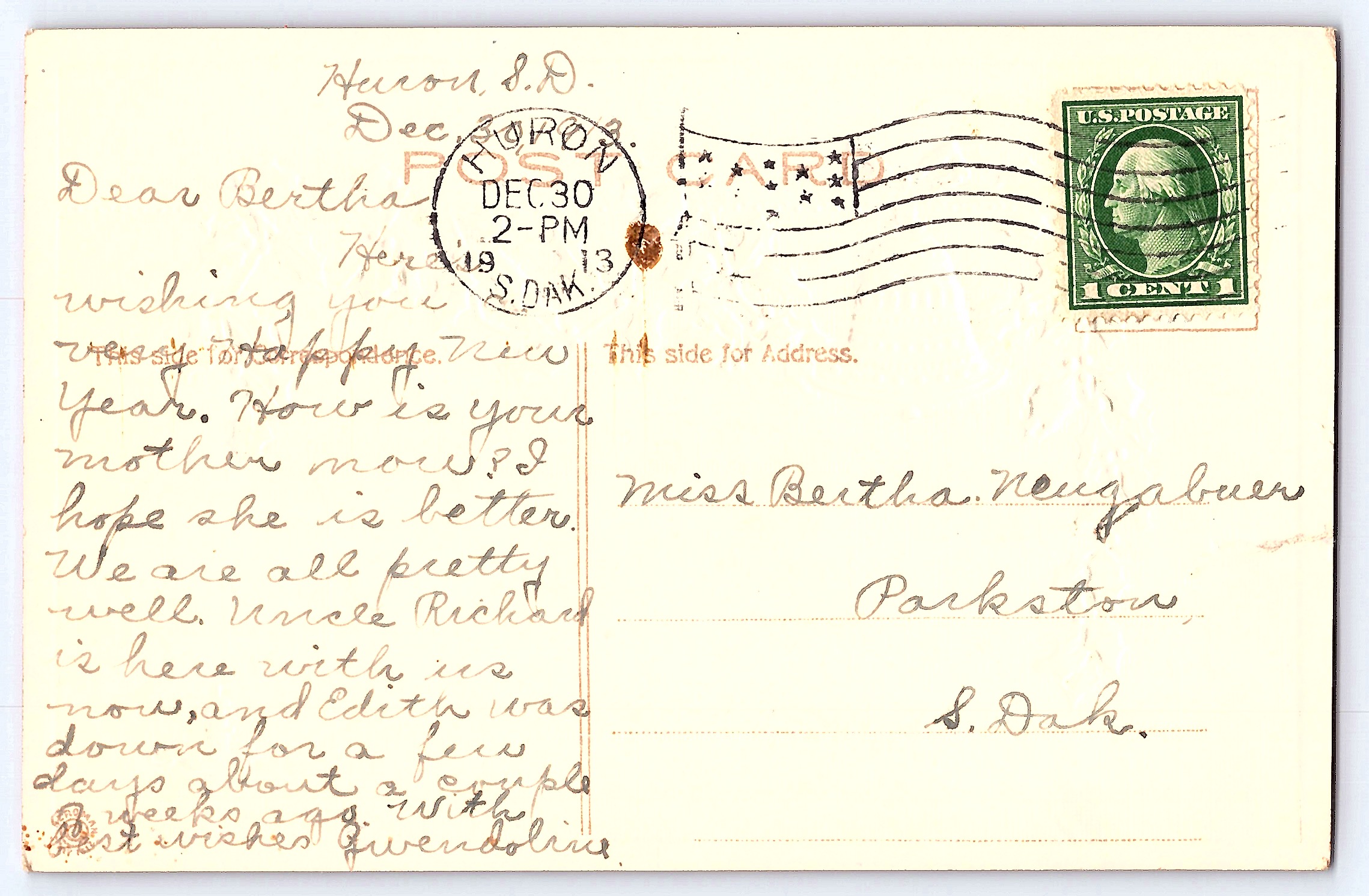 New Year Greetings Postcard, Divided Back, Huron SD, 1913 - Back