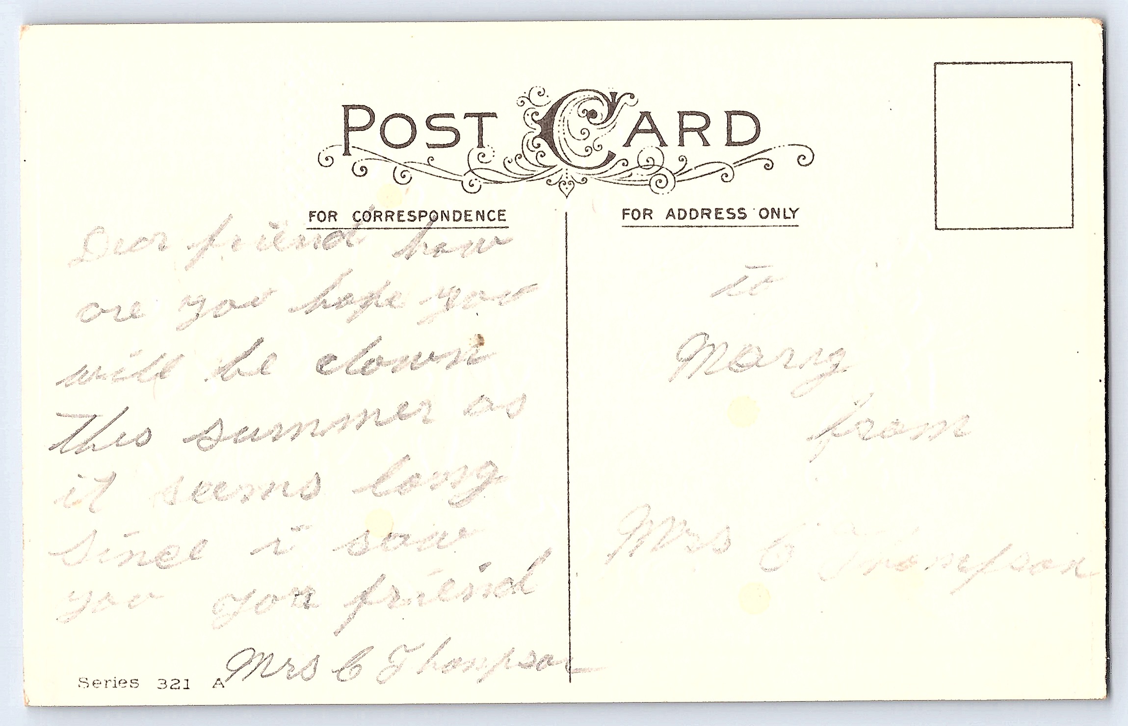 Series 321 A, Divided Back Postcard, Hearty Greetings, Early 1900s - Back