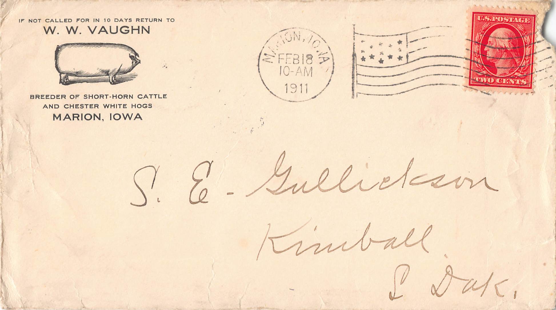 1911 Marion Iowa Short-Horn Cattle Farm Letter w/ Cover – W.W. Vaughn Wildwood Farm - Image