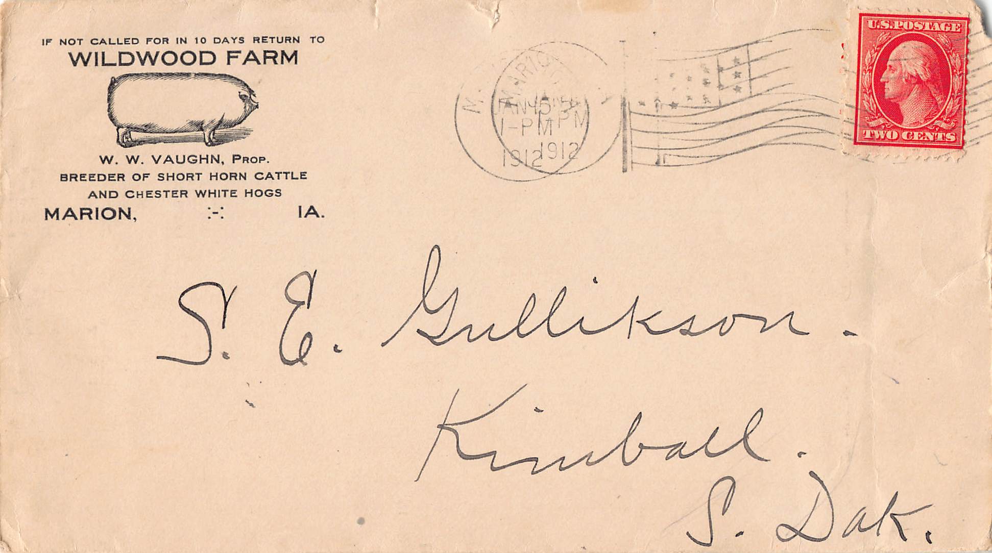 1912 Wildwood Farm Marion Iowa Farm Letter w/ Cover – W.W. Vaughn Livestock - Image