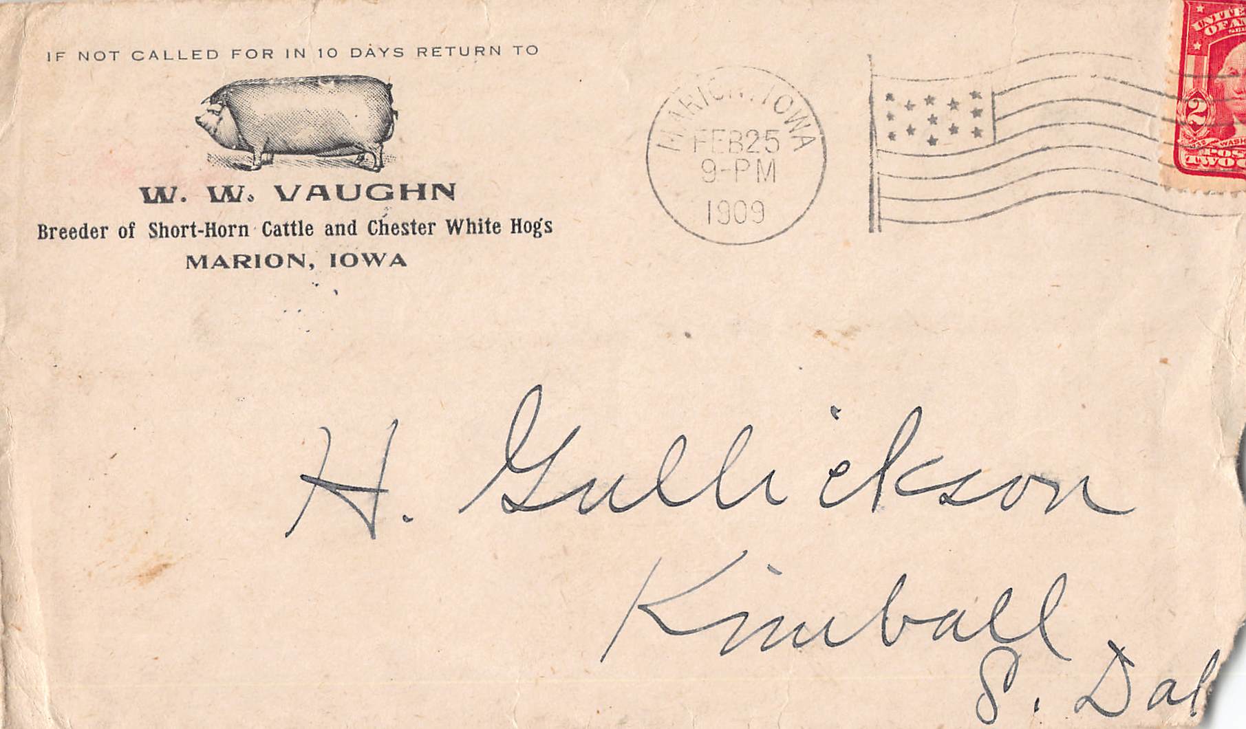 1909 Marion Iowa Short-Horn Cattle Letter w/ Envelope – W.W. Vaughn Farm - Image